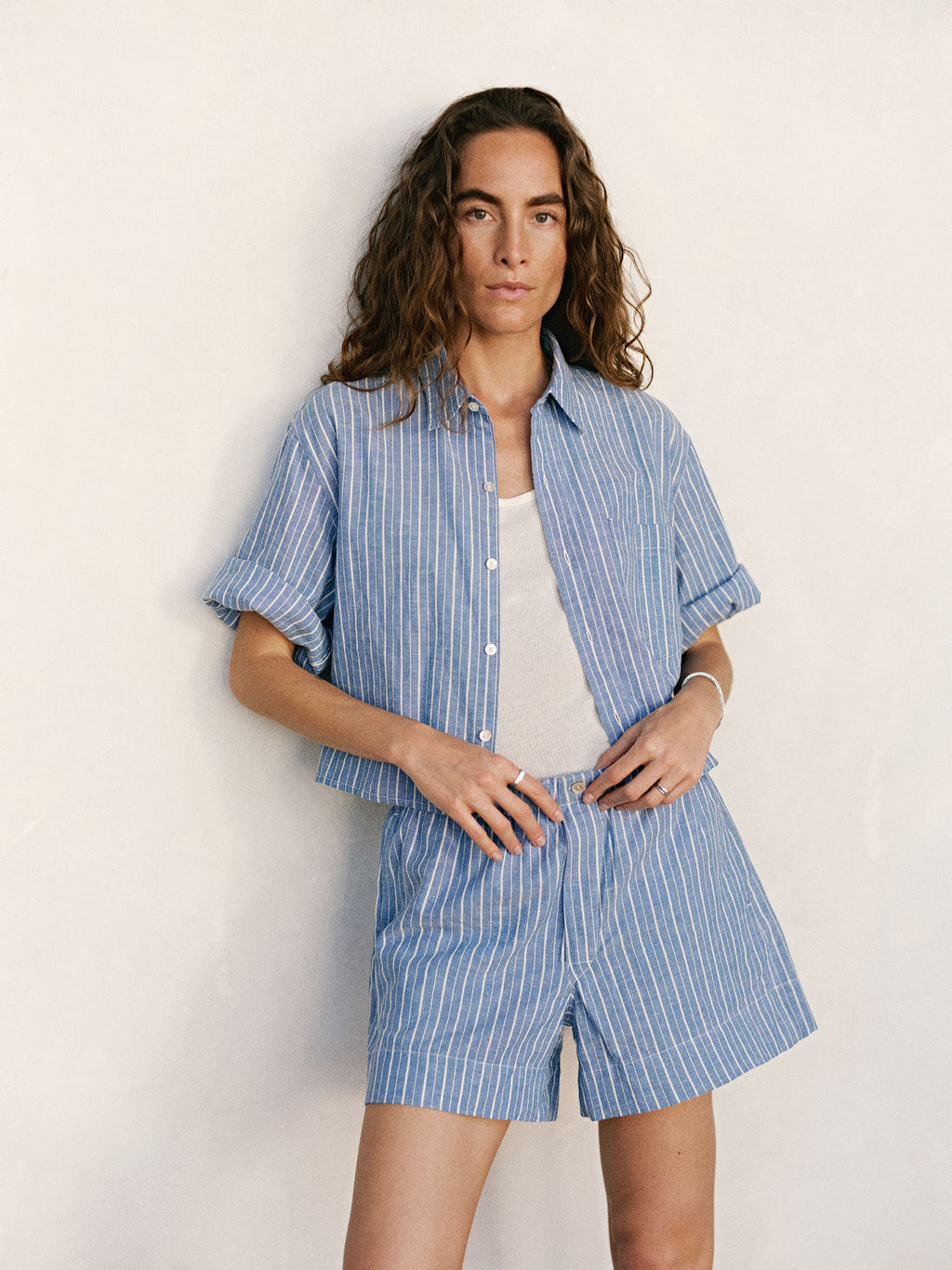 Mainstay Cotton Linen Cut-Off Short Sleeve Button Down