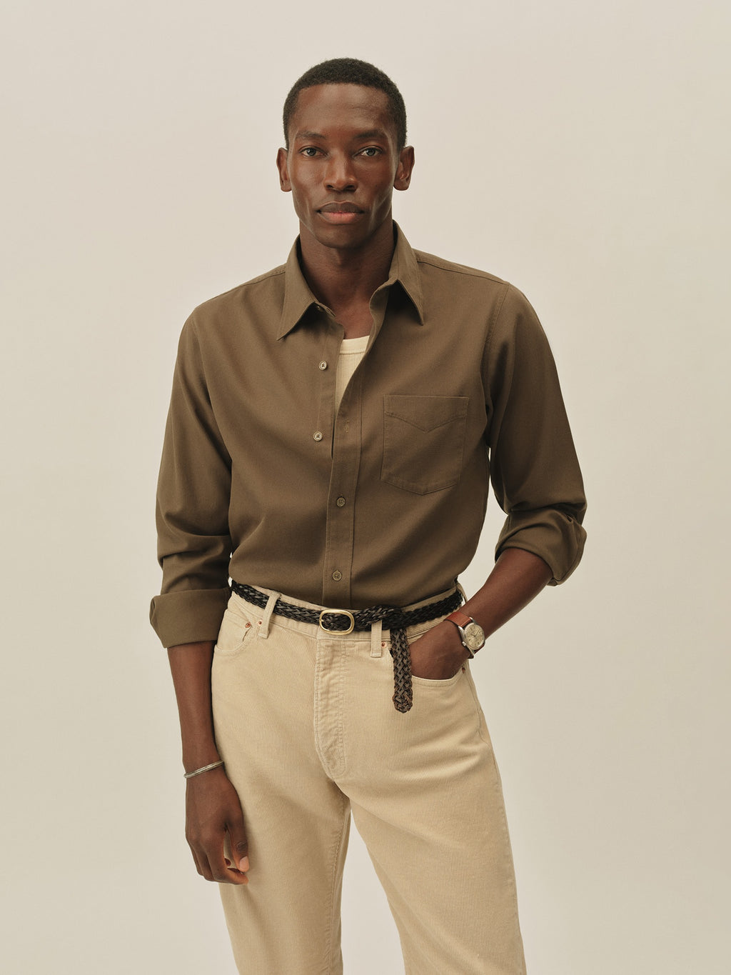 Draped Twill One Pocket Shirt
