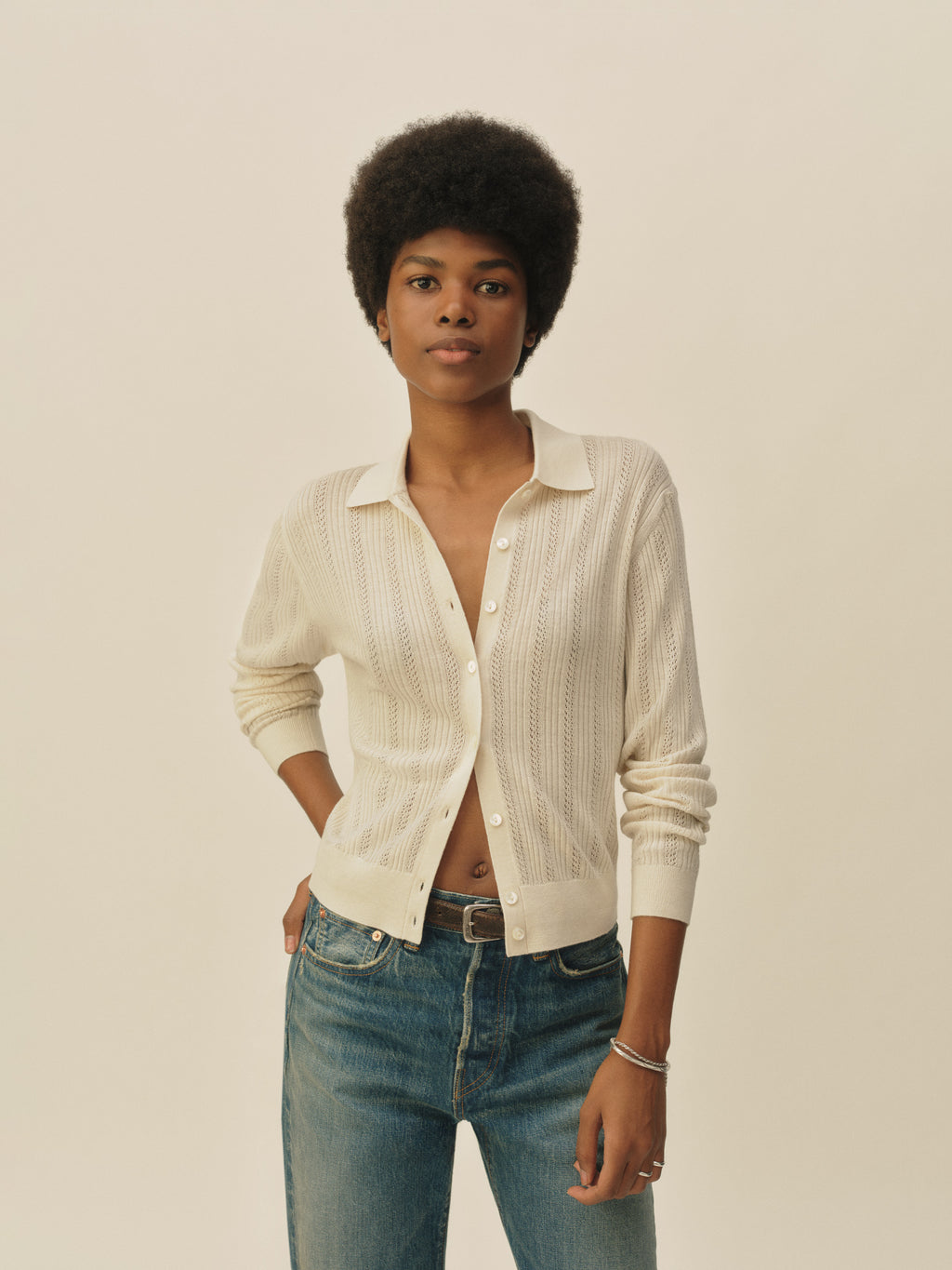 Featherweight Silk Cashmere Pointelle Collared Cardigan