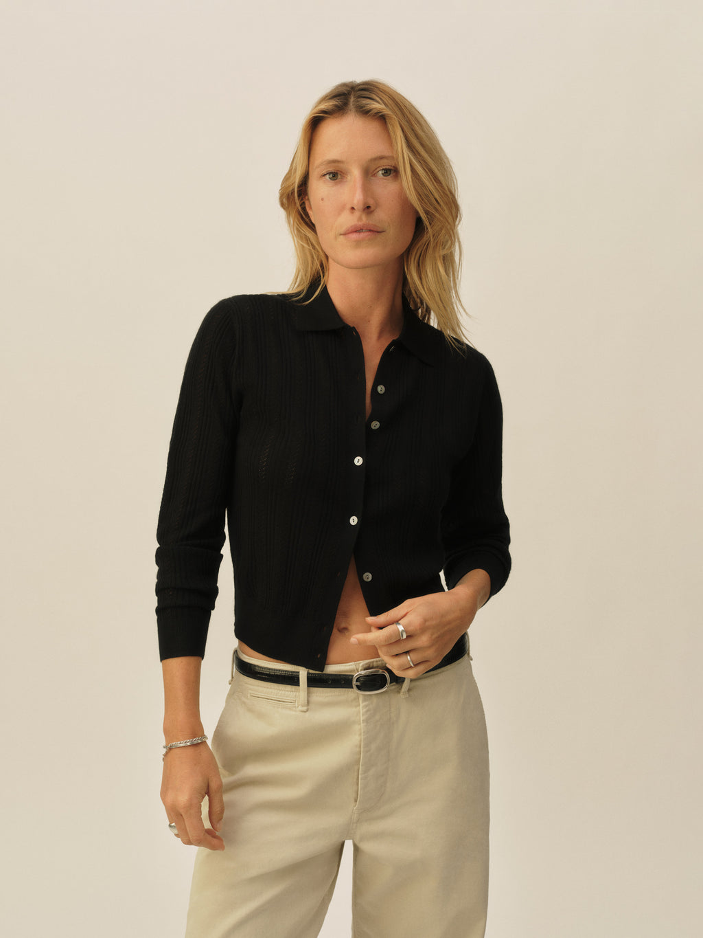 Featherweight Silk Cashmere Pointelle Collared Cardigan
